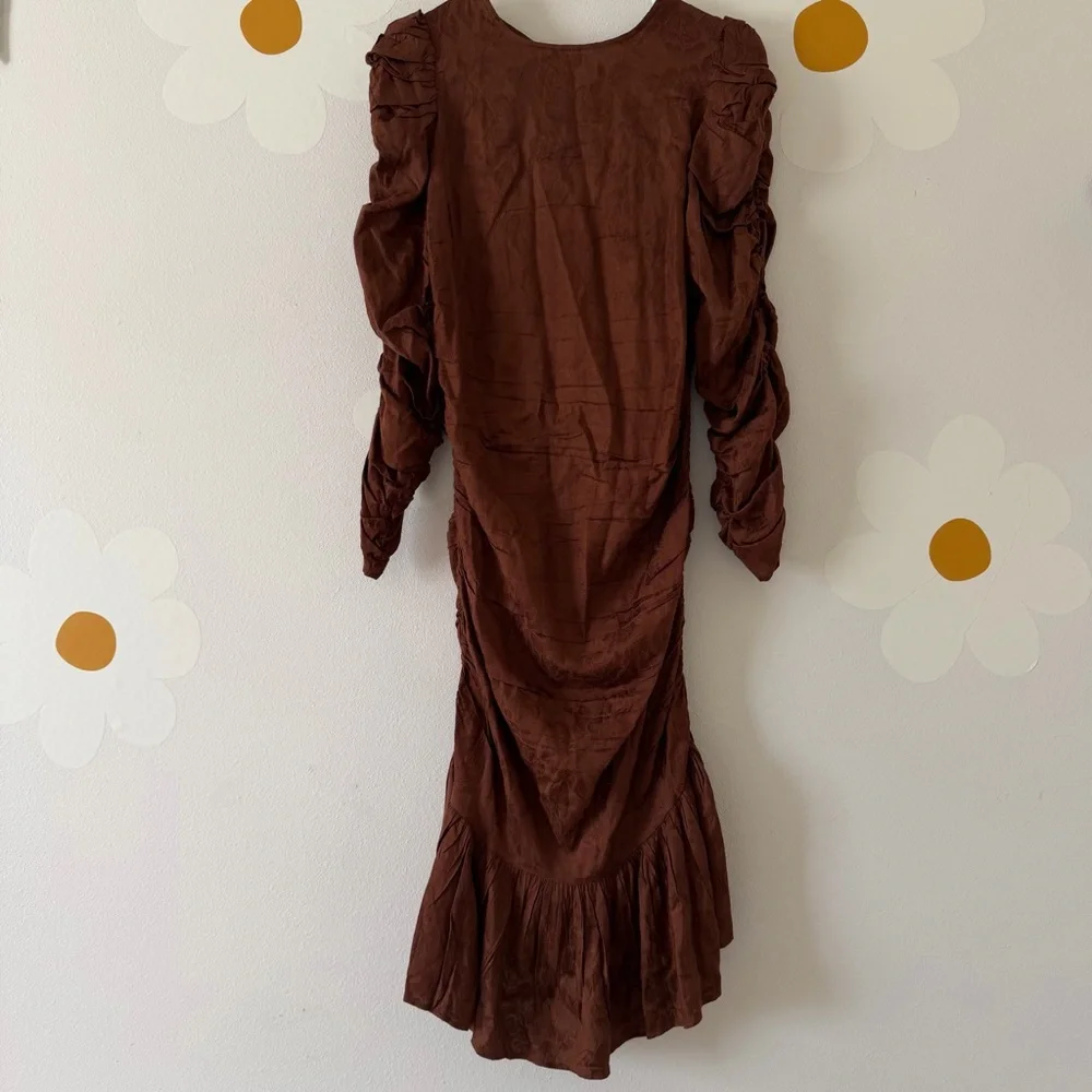 NWT ByTimo Jacquard Chocolate Brown Floral Ruched Ruffled Georgette Mini Dress - Picture 5 of 15